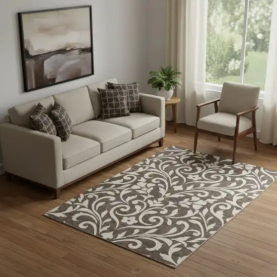 Chocolate And Beige Floral Washable Area Rug With UV Protection Photo 1