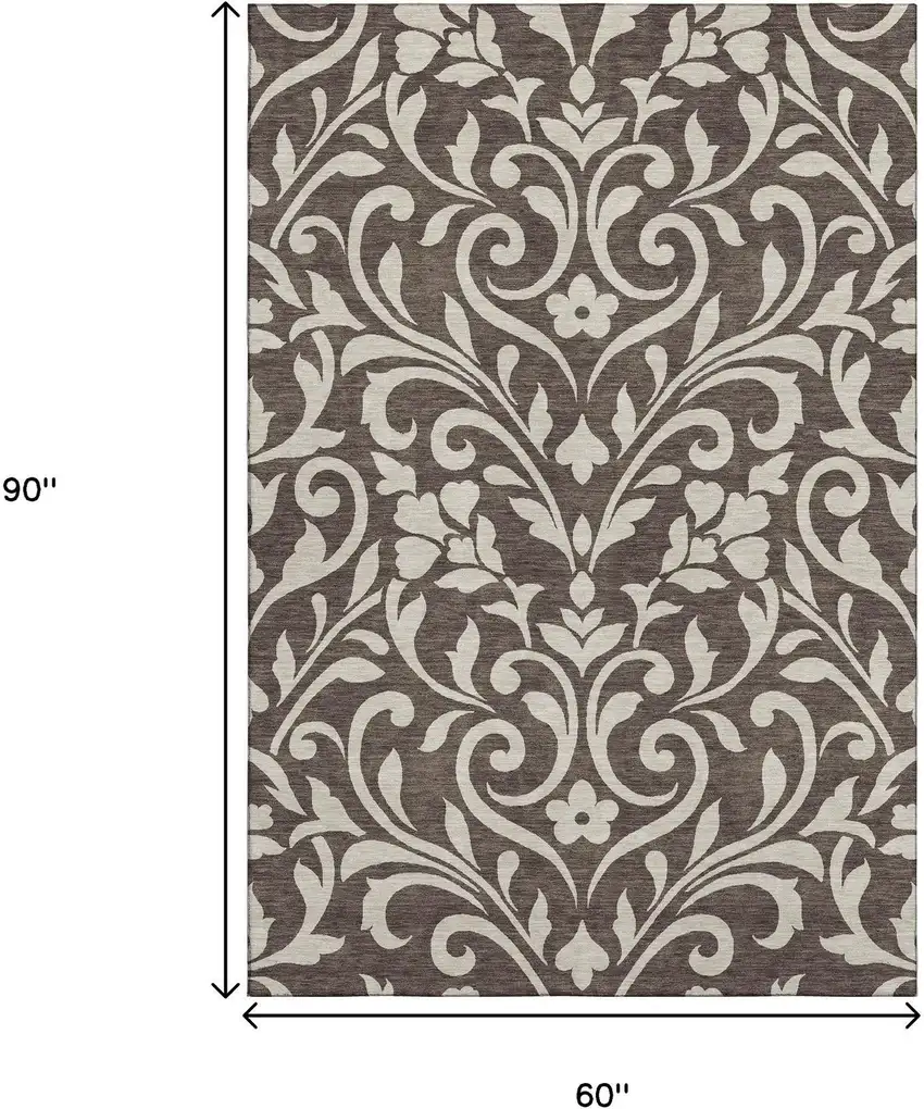 Chocolate And Beige Floral Washable Area Rug With UV Protection Photo 9