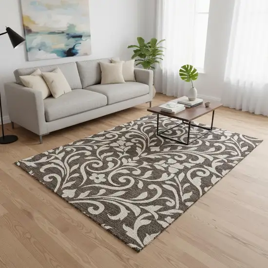 Chocolate And Beige Floral Washable Area Rug With UV Protection Photo 2