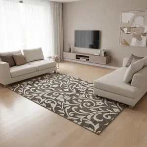 Photo of Chocolate And Beige Floral Washable Area Rug With UV Protection