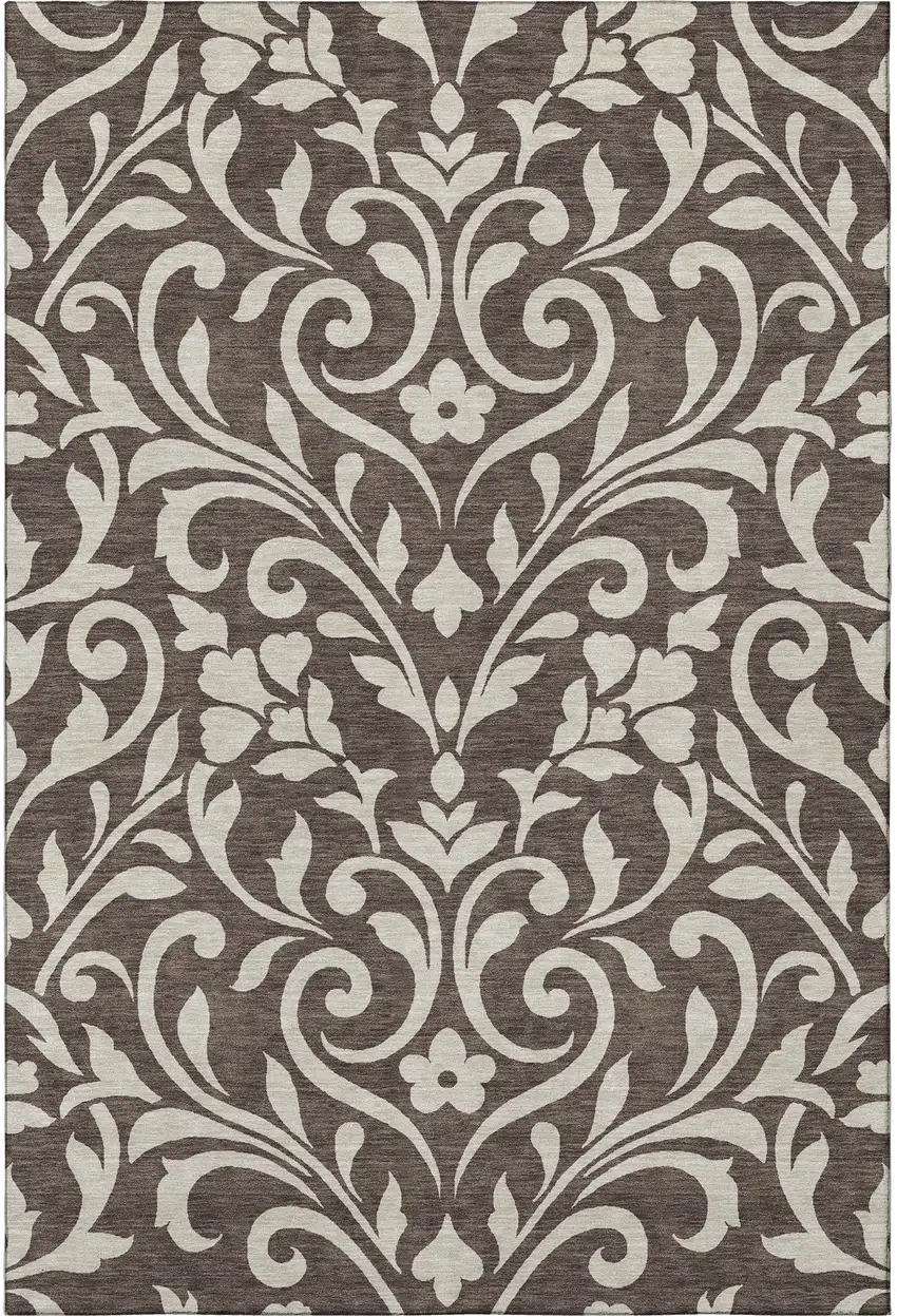Chocolate And Beige Floral Washable Area Rug With UV Protection Photo 4