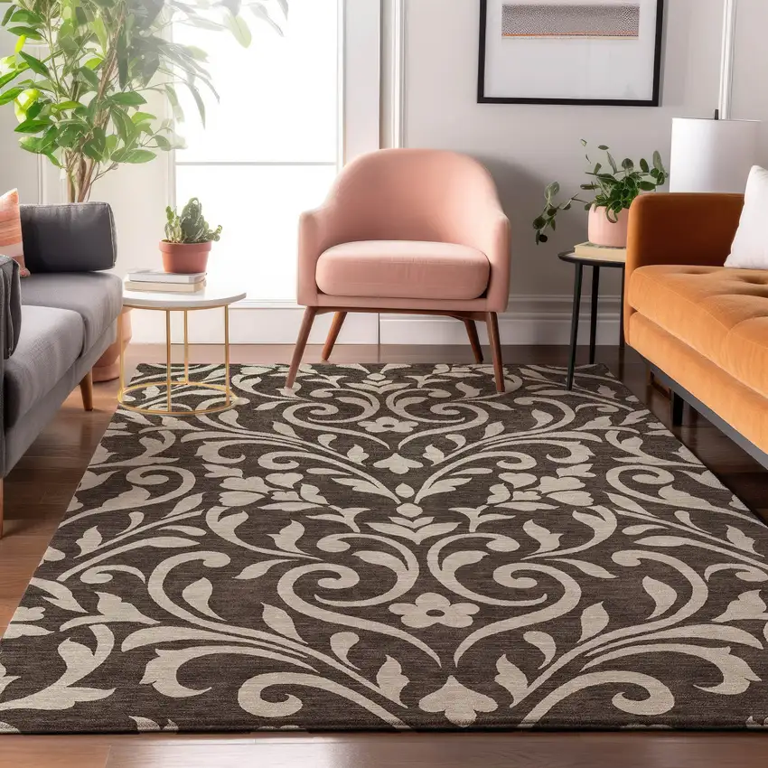 Chocolate And Beige Floral Washable Area Rug With UV Protection Photo 5