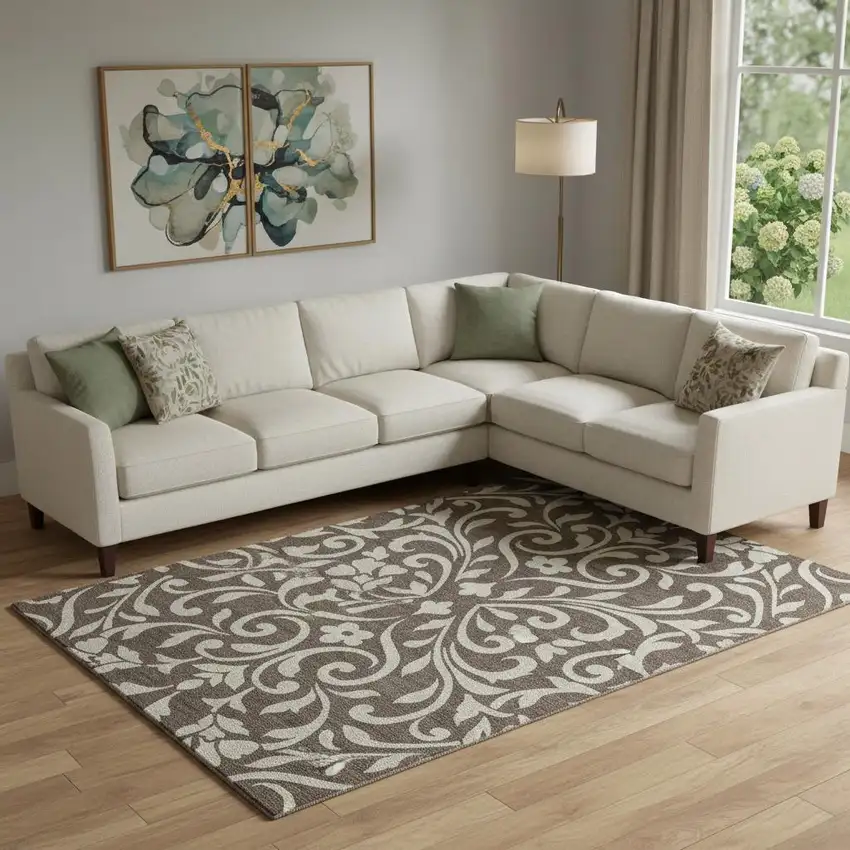 Chocolate And Beige Floral Washable Area Rug With UV Protection Photo 1