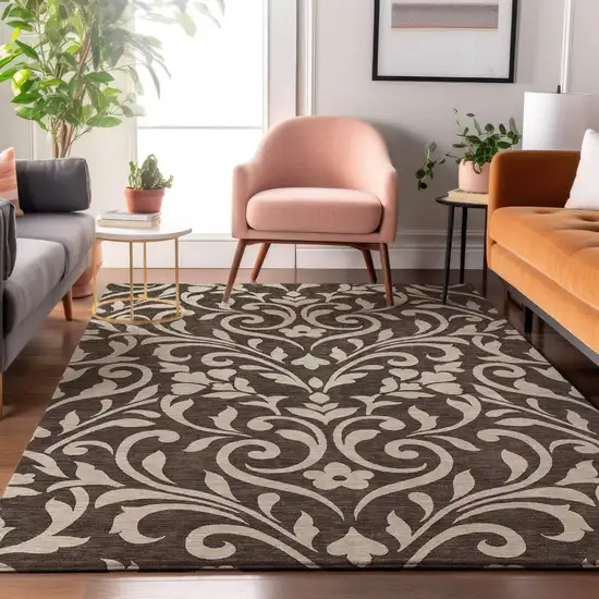 Chocolate And Beige Floral Washable Area Rug With UV Protection Photo 5