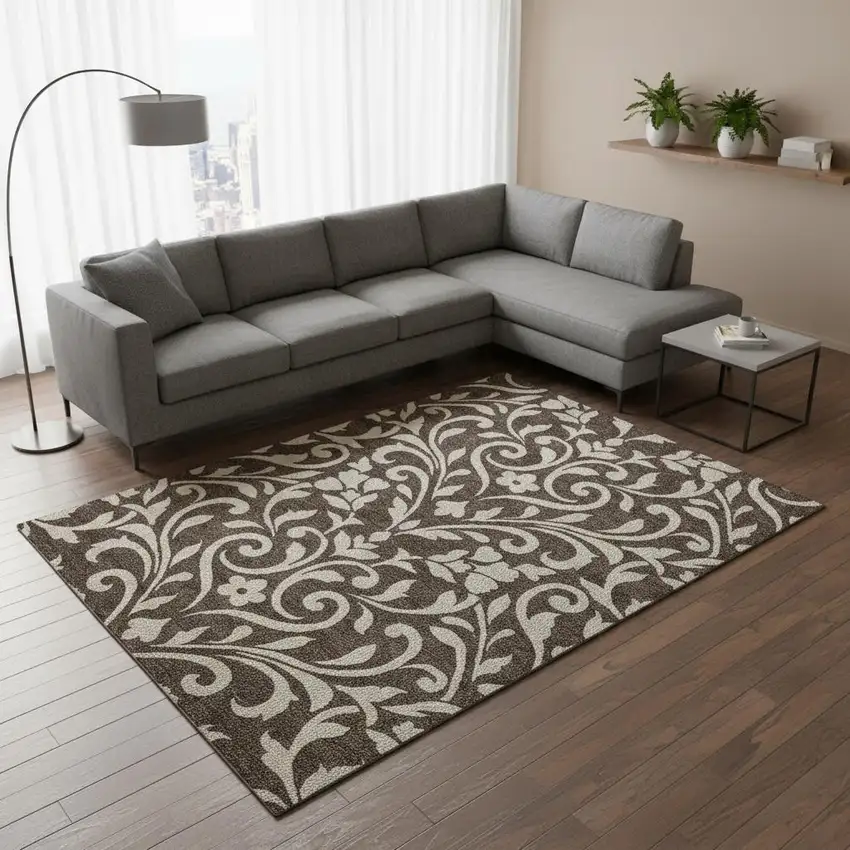 Chocolate And Beige Floral Washable Area Rug With UV Protection Photo 2