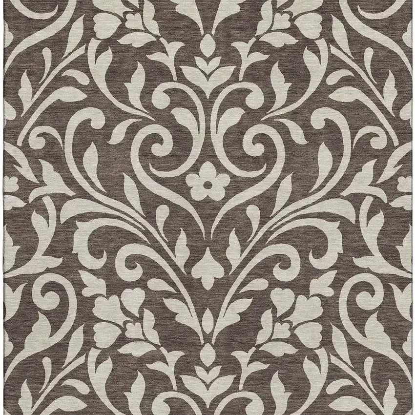 Chocolate And Beige Floral Washable Area Rug With UV Protection Photo 4