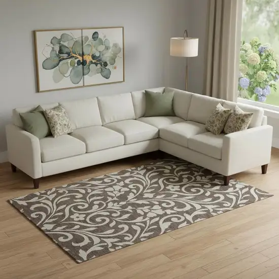 Chocolate And Beige Floral Washable Area Rug With UV Protection Photo 1