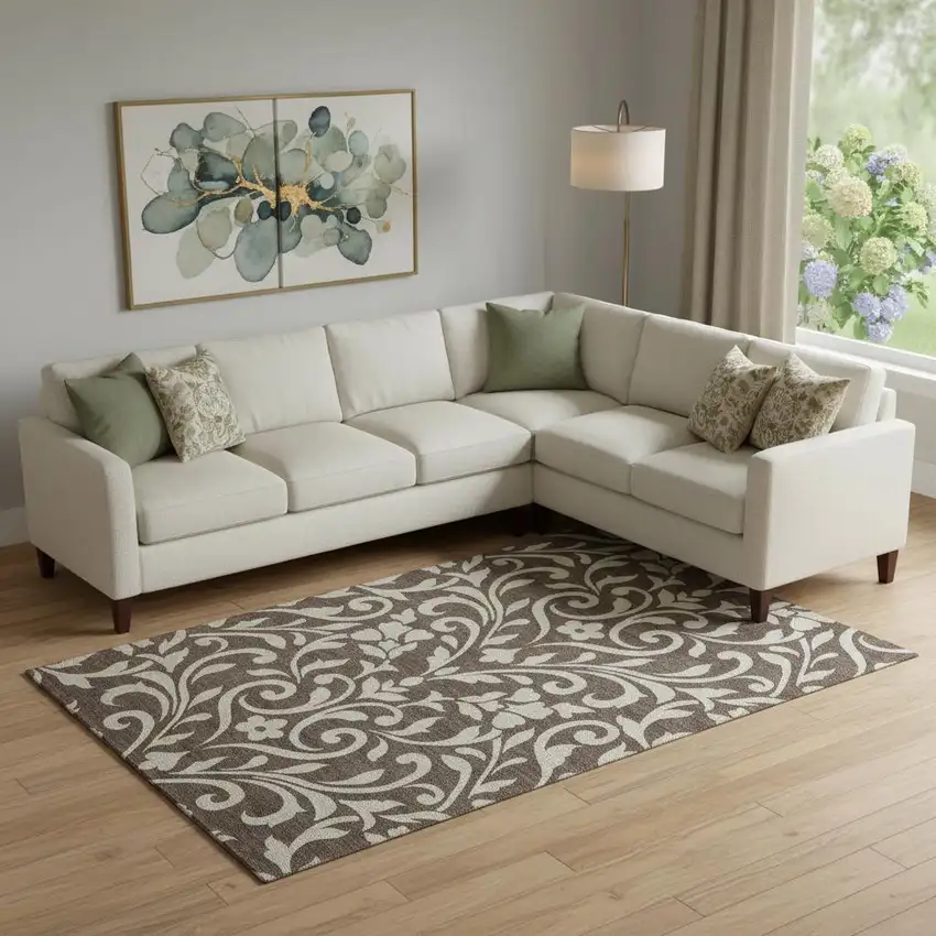 Chocolate And Beige Floral Washable Area Rug With UV Protection Photo 1