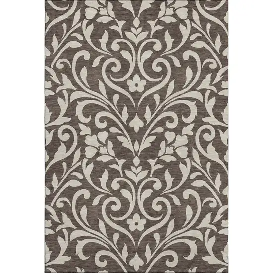 Chocolate And Beige Floral Washable Area Rug With UV Protection Photo 1