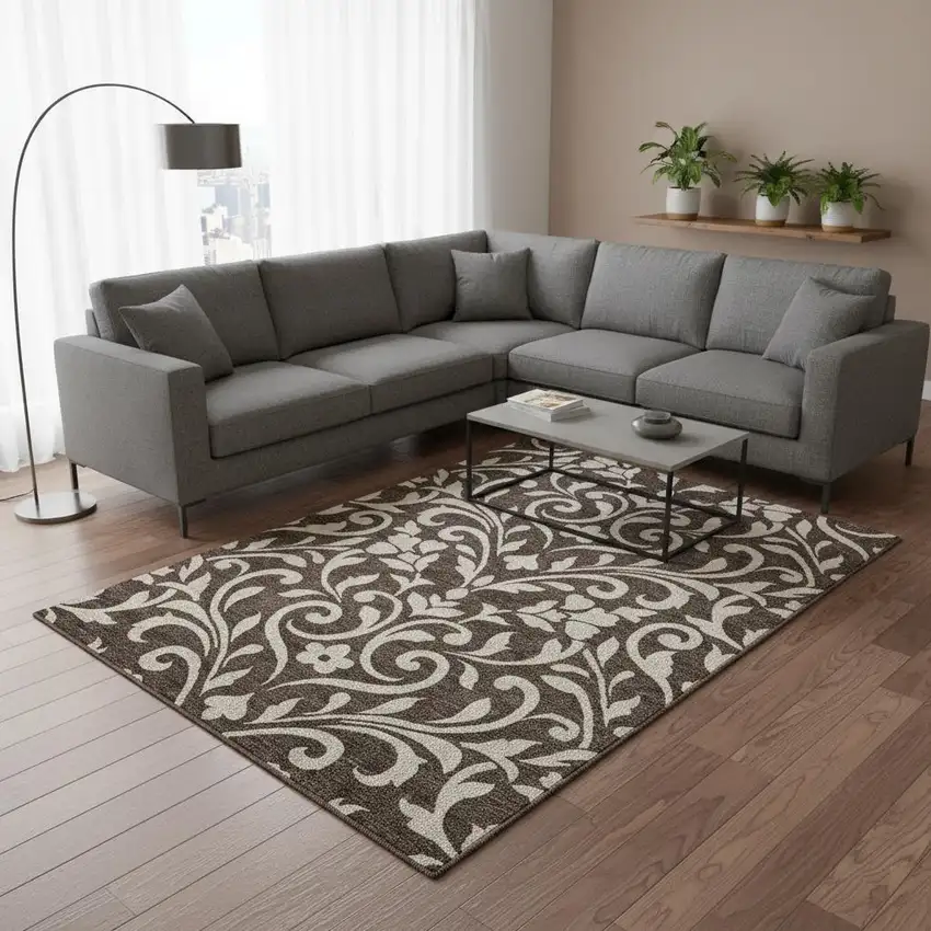 Chocolate And Beige Floral Washable Area Rug With UV Protection Photo 2