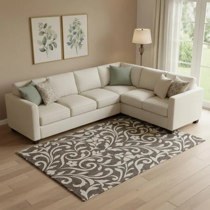Chocolate And Beige Floral Washable Area Rug With UV Protection Photo 1