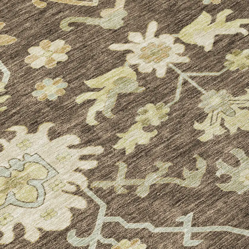Chocolate And Beige Floral Washable Indoor Outdoor Area Rug Photo 5