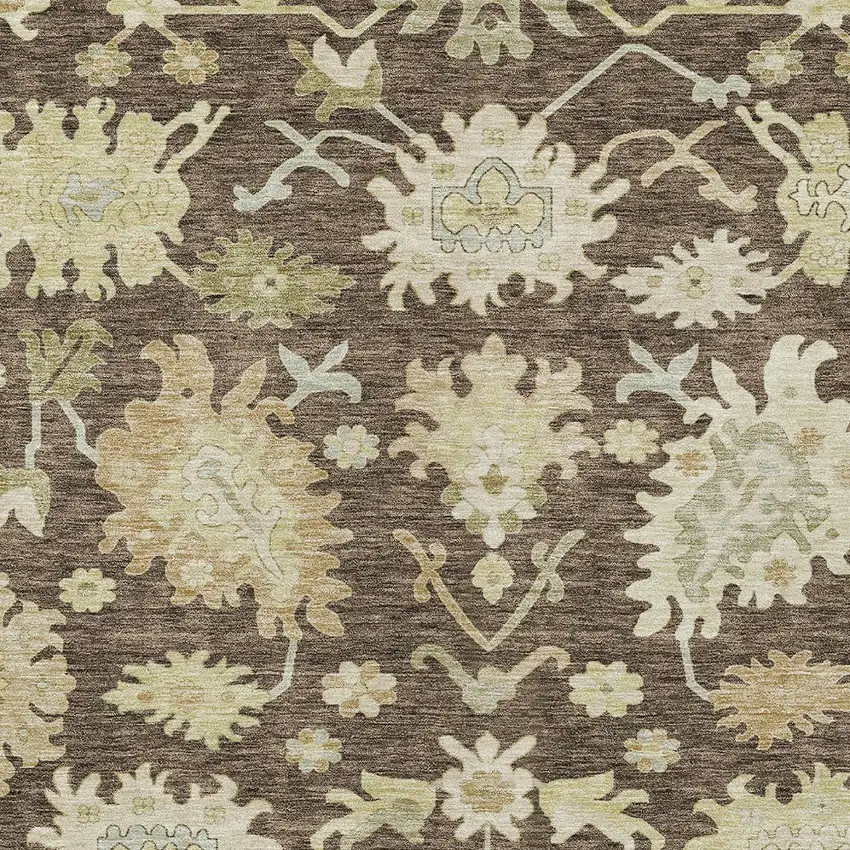 Chocolate And Beige Floral Washable Indoor Outdoor Area Rug Photo 6