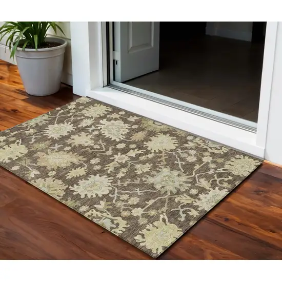 Chocolate And Beige Floral Washable Indoor Outdoor Area Rug Photo 1