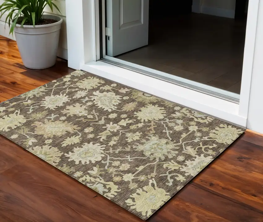 Chocolate And Beige Floral Washable Indoor Outdoor Area Rug Photo 1