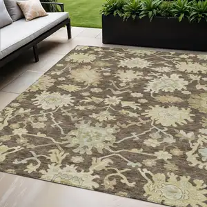 Photo of Chocolate And Beige Floral Washable Indoor Outdoor Area Rug