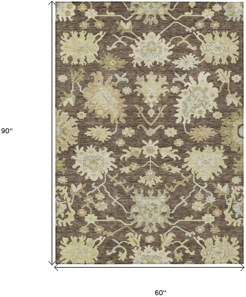 Chocolate And Beige Floral Washable Indoor Outdoor Area Rug Photo 8