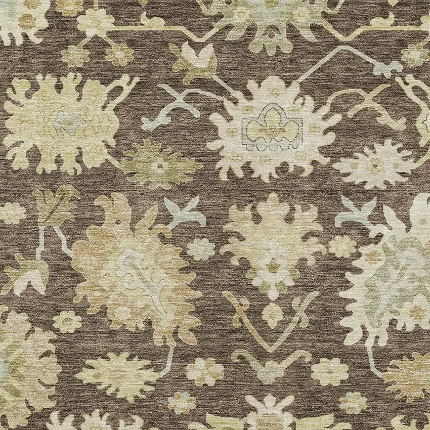 Chocolate And Beige Floral Washable Indoor Outdoor Area Rug Photo 6