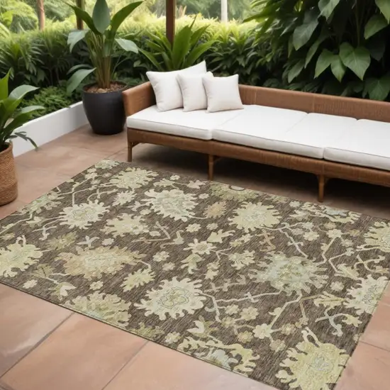 Chocolate And Beige Floral Washable Indoor Outdoor Area Rug Photo 1