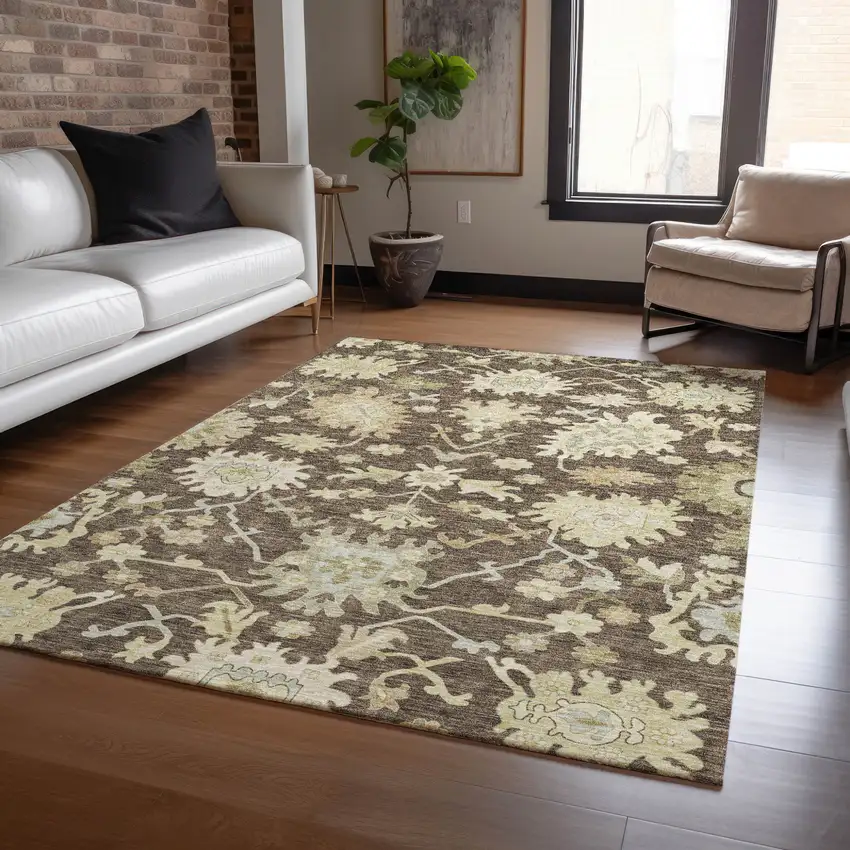 Chocolate And Beige Floral Washable Indoor Outdoor Area Rug Photo 9