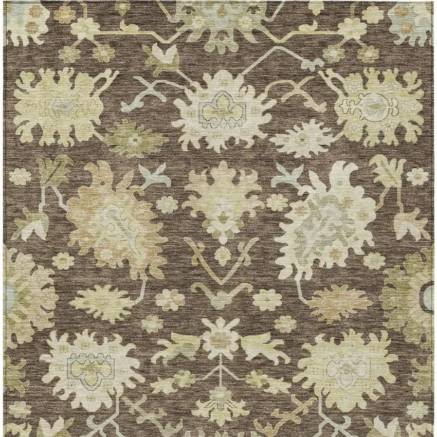Chocolate And Beige Floral Washable Indoor Outdoor Area Rug Photo 7