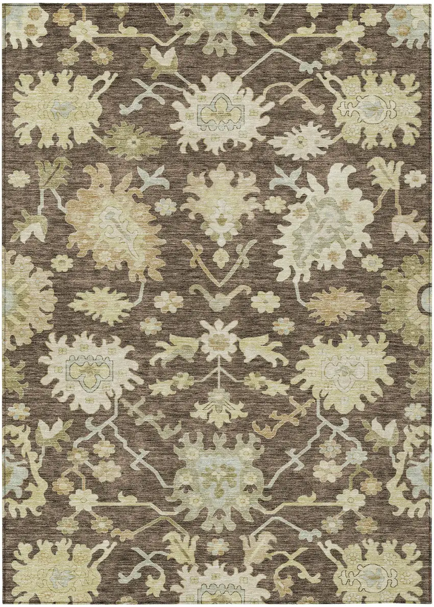 Chocolate And Beige Floral Washable Indoor Outdoor Area Rug Photo 2