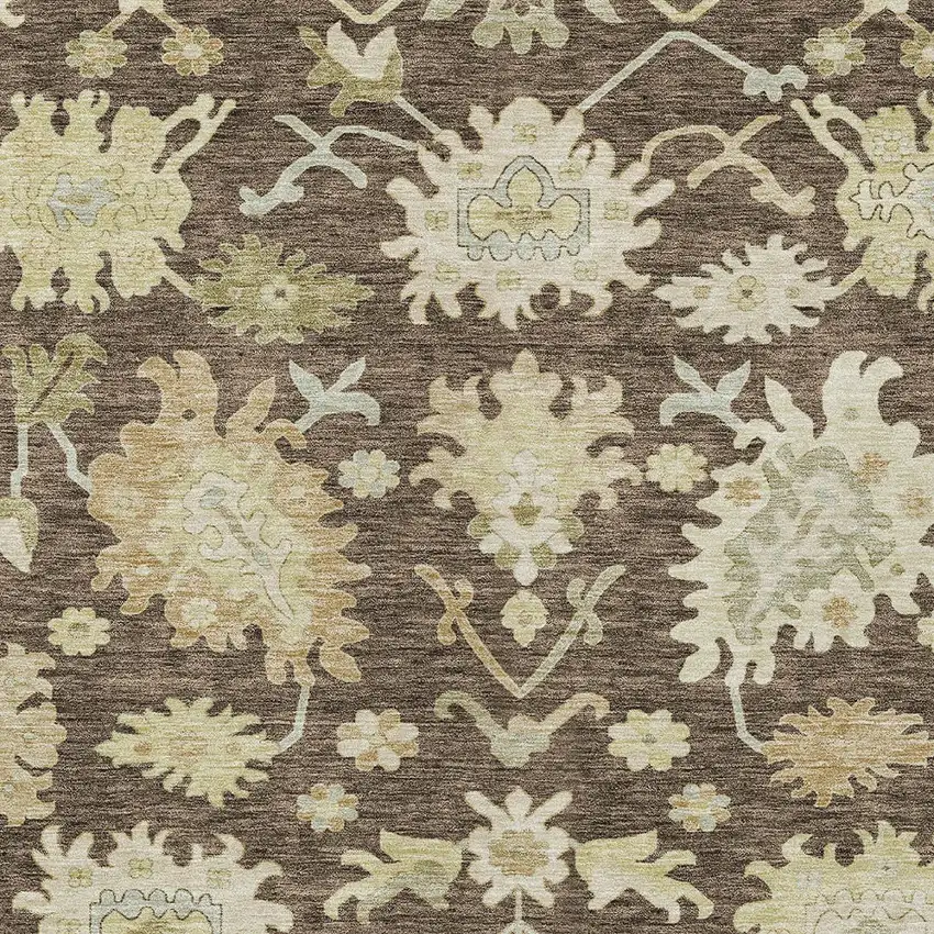 Chocolate And Beige Floral Washable Indoor Outdoor Area Rug Photo 6
