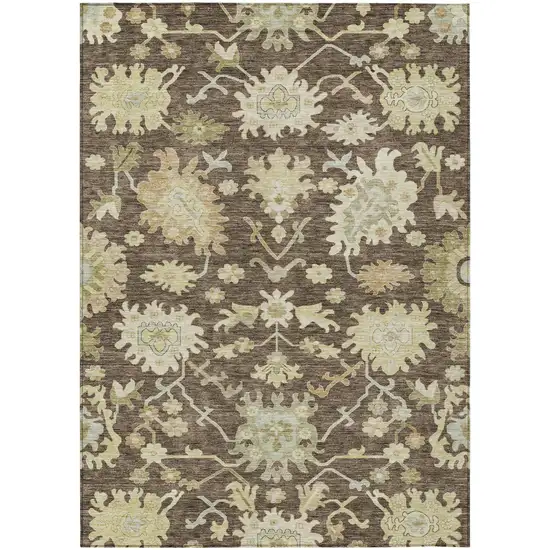 Chocolate And Beige Floral Washable Indoor Outdoor Area Rug Photo 2