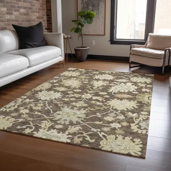 Chocolate And Beige Floral Washable Indoor Outdoor Area Rug Photo 9