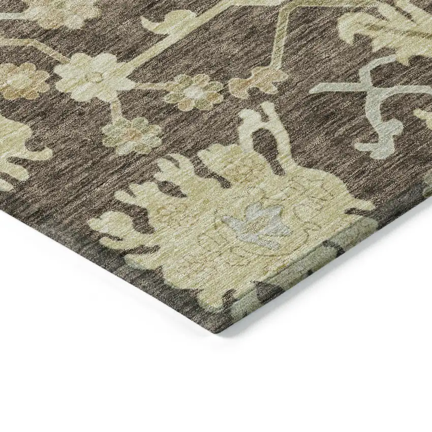 Chocolate And Beige Floral Washable Indoor Outdoor Area Rug Photo 4
