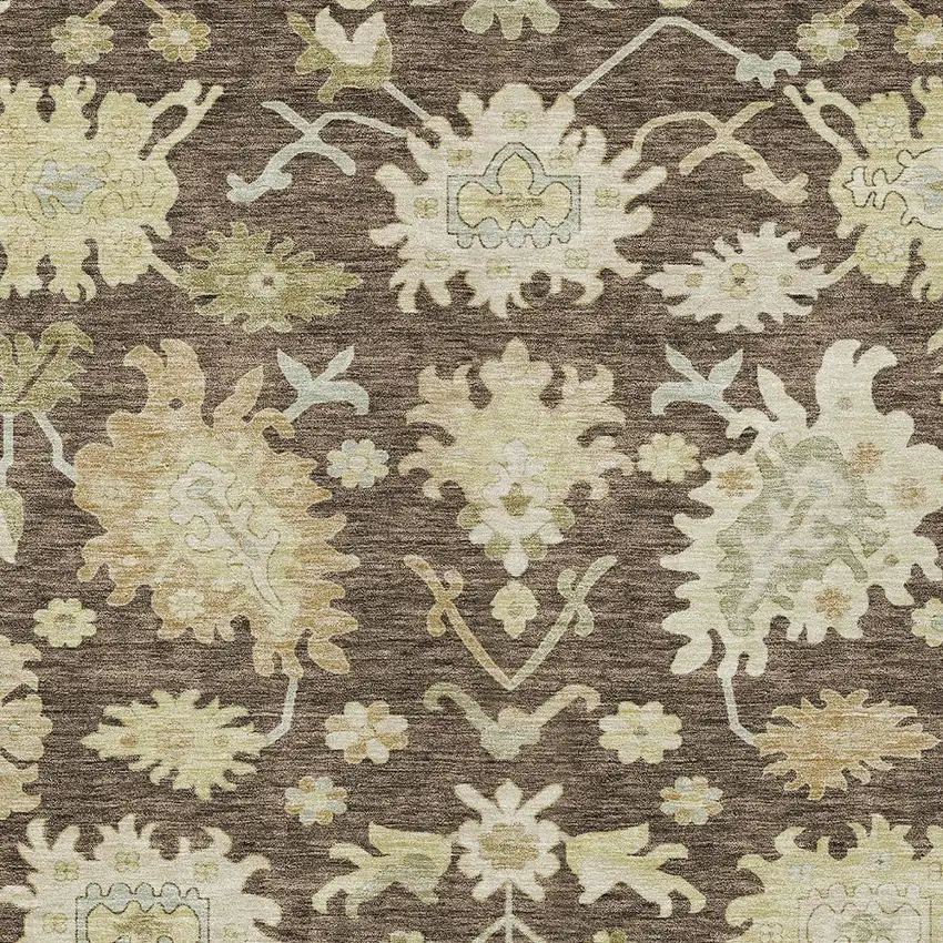 Chocolate And Beige Floral Washable Indoor Outdoor Area Rug Photo 6
