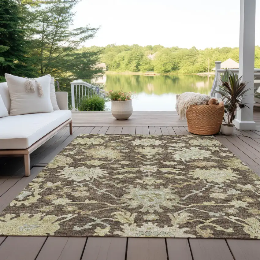 Chocolate And Beige Floral Washable Indoor Outdoor Area Rug Photo 8