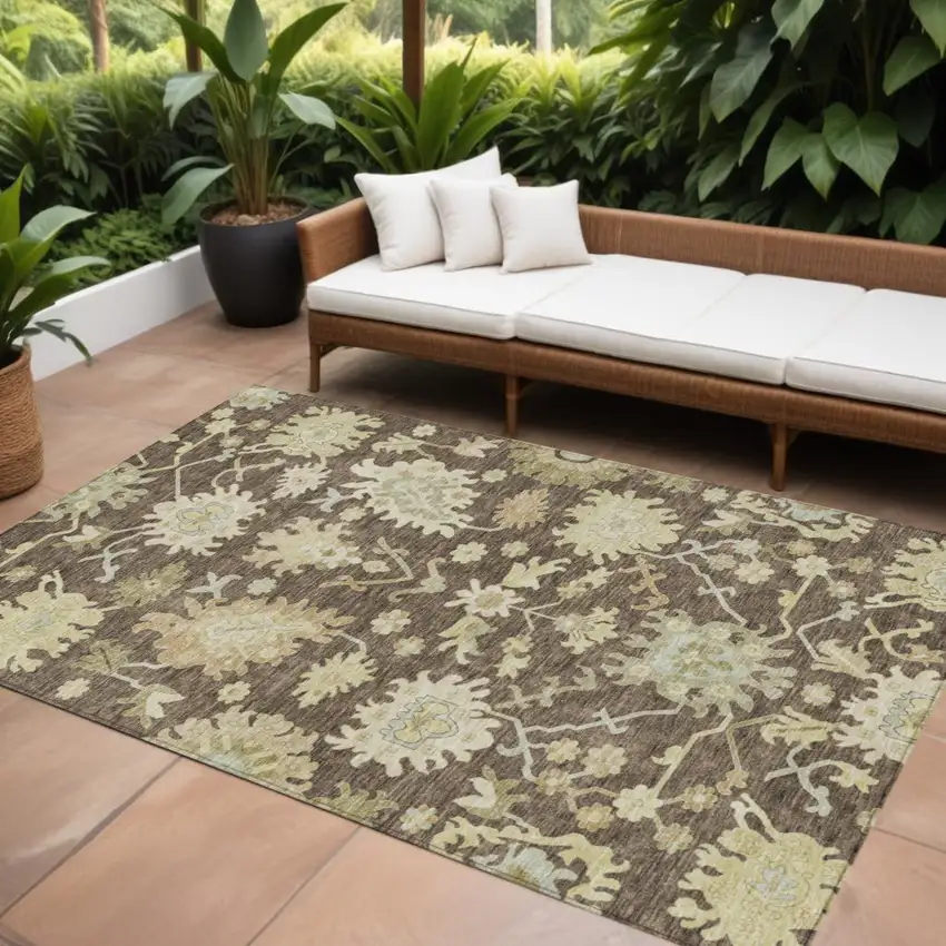 Chocolate And Beige Floral Washable Indoor Outdoor Area Rug Photo 1