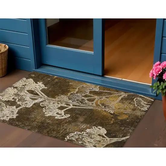 Chocolate And Beige Floral Washable Indoor Outdoor Area Rug Photo 1