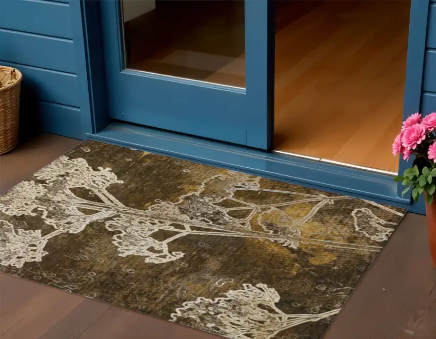 Chocolate And Beige Floral Washable Indoor Outdoor Area Rug Photo 1