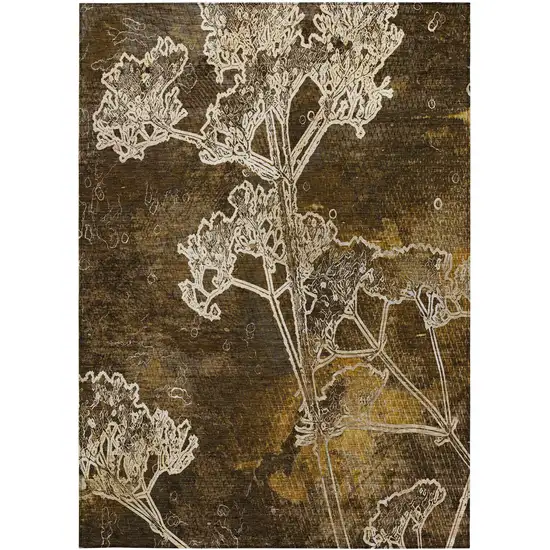 Chocolate And Beige Floral Washable Indoor Outdoor Area Rug Photo 5