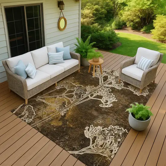 Chocolate And Beige Floral Washable Indoor Outdoor Area Rug Photo 8