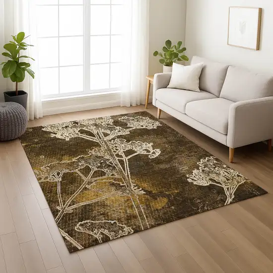 Chocolate And Beige Floral Washable Indoor Outdoor Area Rug Photo 9