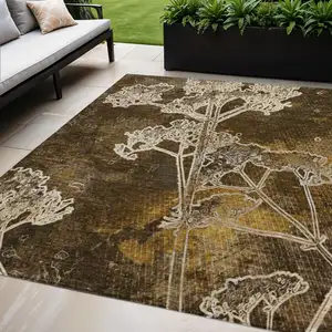 Photo of Chocolate And Beige Floral Washable Indoor Outdoor Area Rug