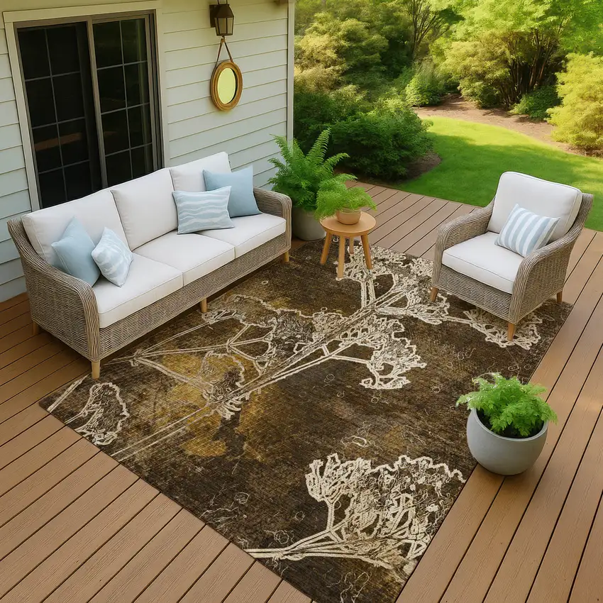 Chocolate And Beige Floral Washable Indoor Outdoor Area Rug Photo 7