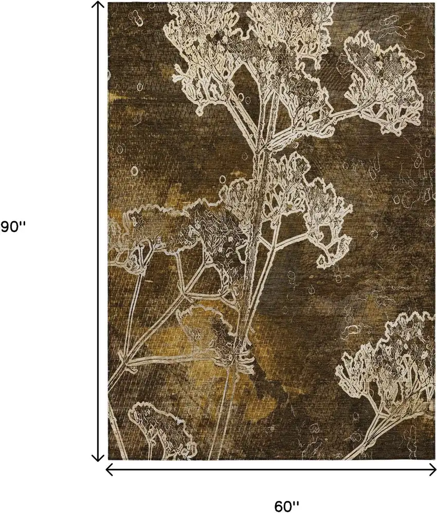 Chocolate And Beige Floral Washable Indoor Outdoor Area Rug Photo 3