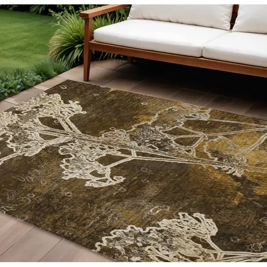 Chocolate And Beige Floral Washable Indoor Outdoor Area Rug Photo 1