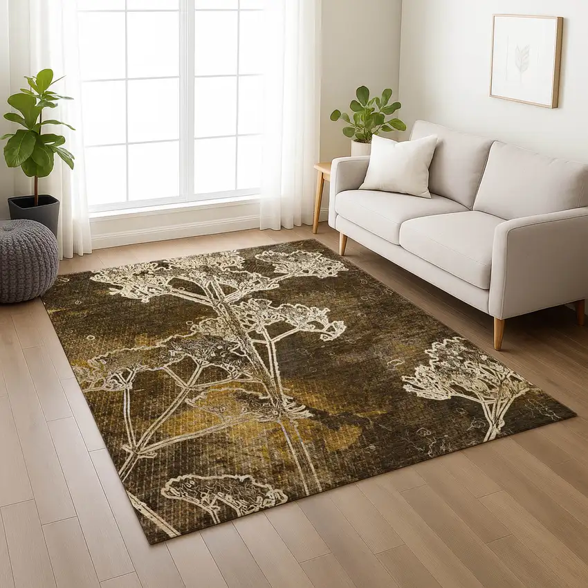 Chocolate And Beige Floral Washable Indoor Outdoor Area Rug Photo 7
