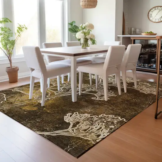 Chocolate And Beige Floral Washable Indoor Outdoor Area Rug Photo 8