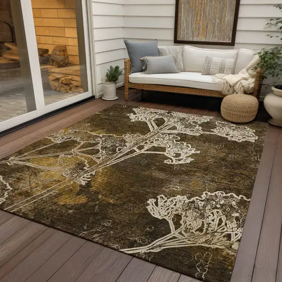 Chocolate And Beige Floral Washable Indoor Outdoor Area Rug Photo 9