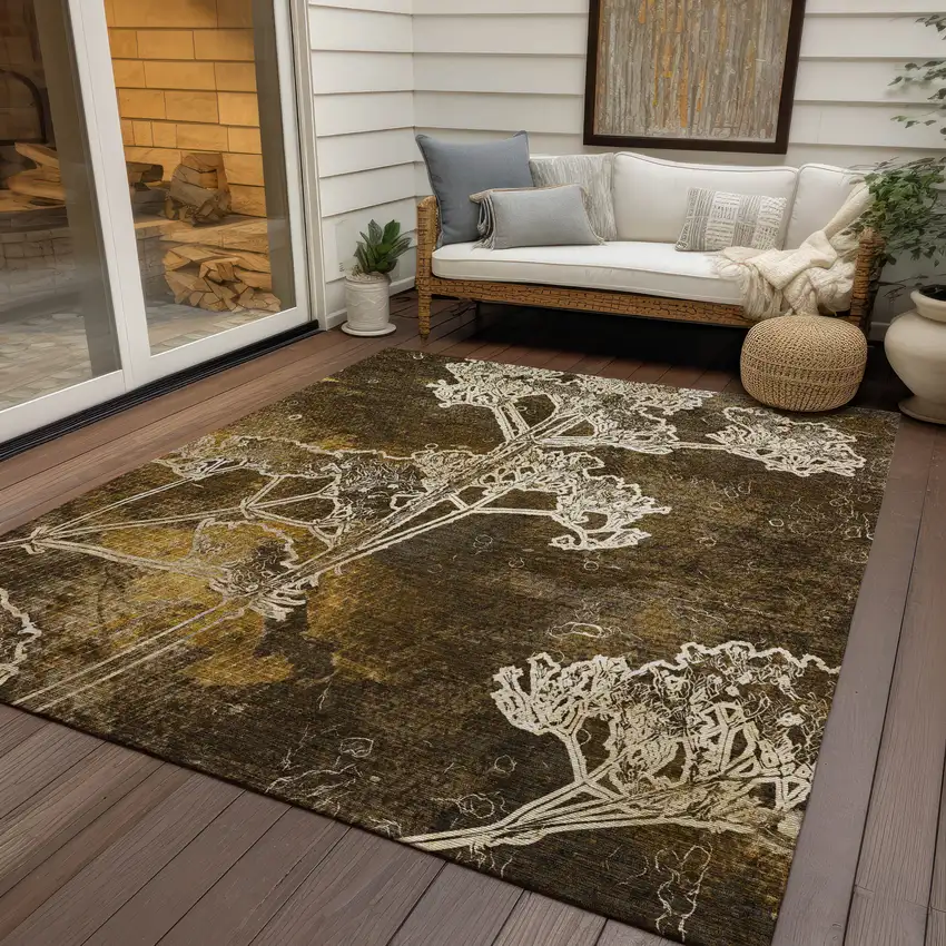 Chocolate And Beige Floral Washable Indoor Outdoor Area Rug Photo 9