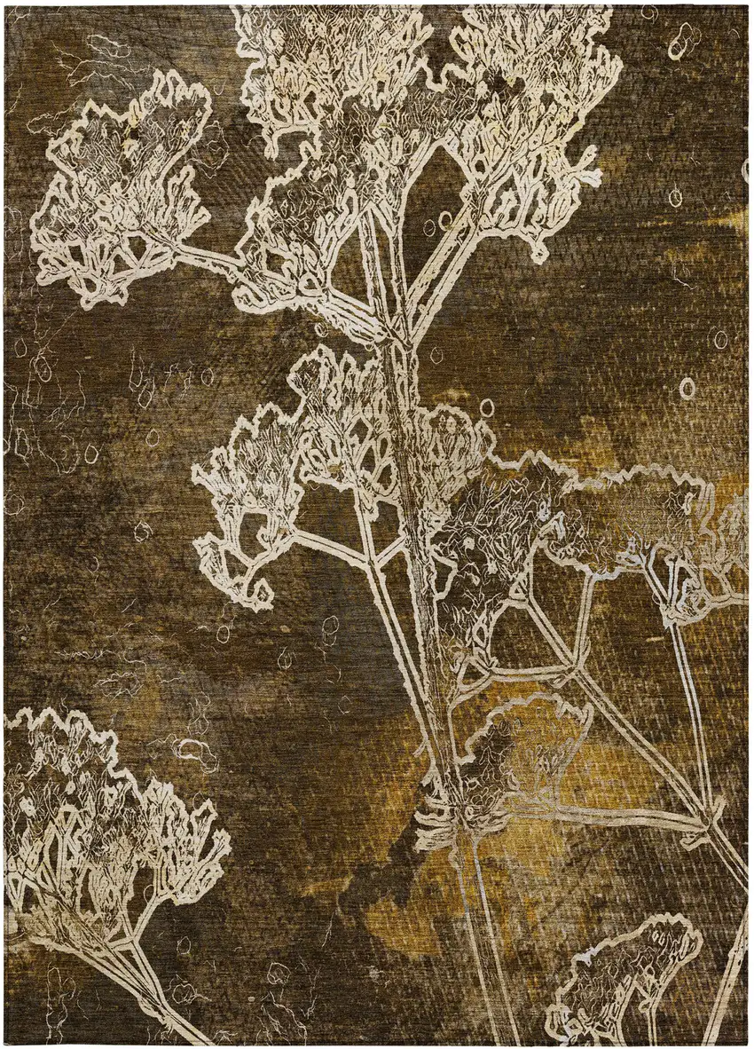 Chocolate And Beige Floral Washable Indoor Outdoor Area Rug Photo 2