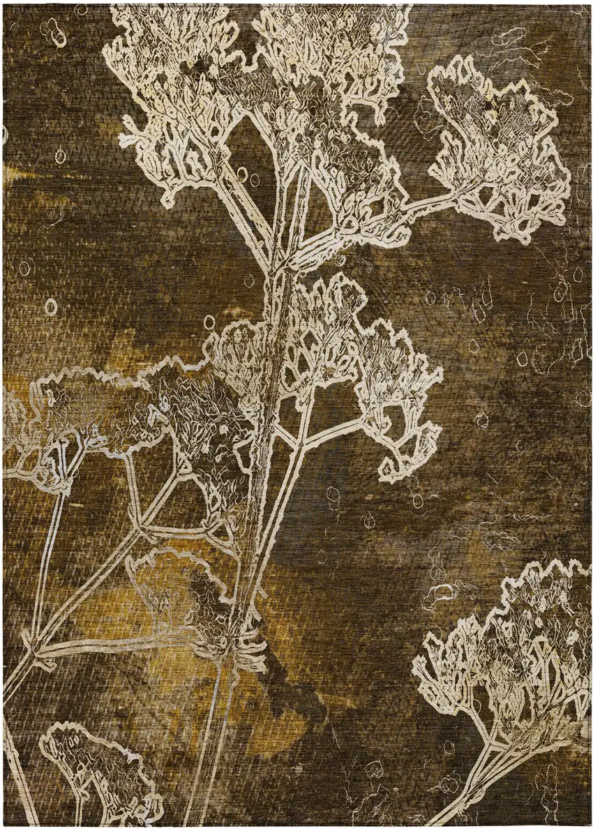 Chocolate And Beige Floral Washable Indoor Outdoor Area Rug Photo 4