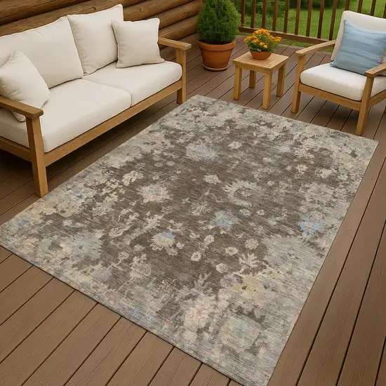 Chocolate And Beige Floral Washable Indoor Outdoor Area Rug Photo 9