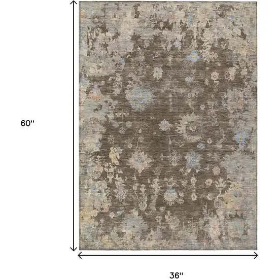 Chocolate And Beige Floral Washable Indoor Outdoor Area Rug Photo 3